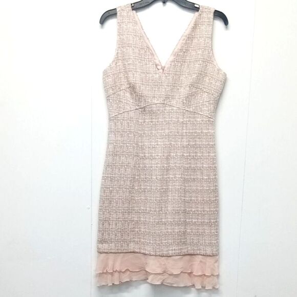 Surabaya Dresses & Skirts - Vintage Surabaya Sleeveless Tweed V-Neck Dress Pink Ruffled Chiffon Hem Size 2